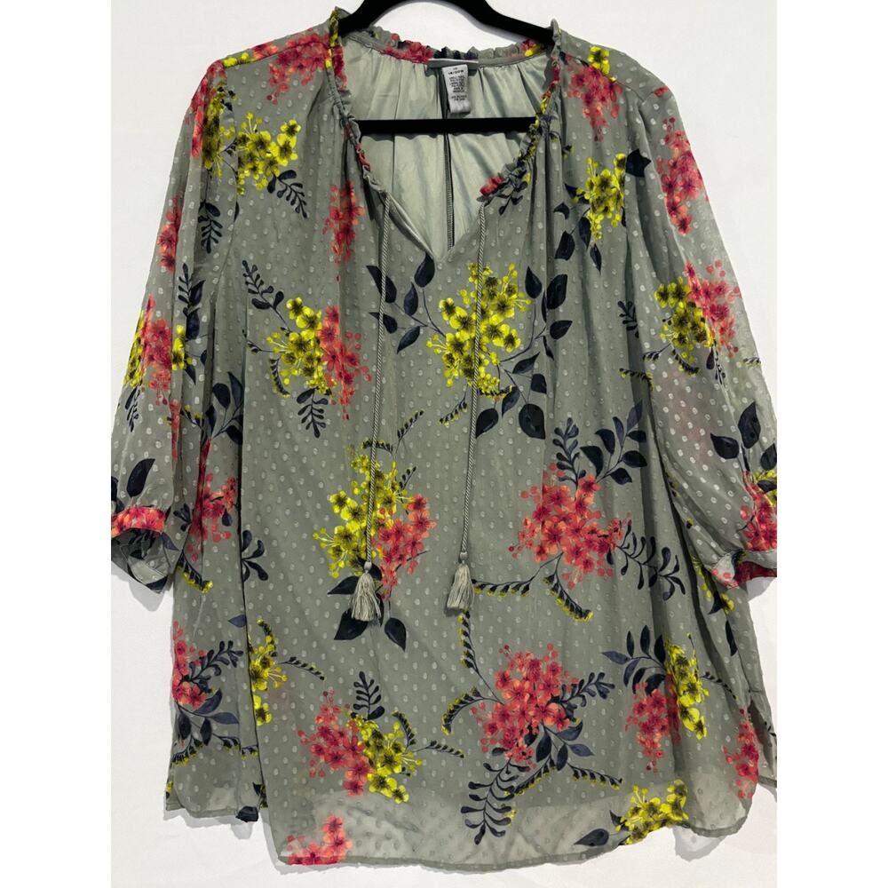 Catherines Tunic Top sz 1X Plus Grey Green Lined Tassel Neckline Peasant Boho